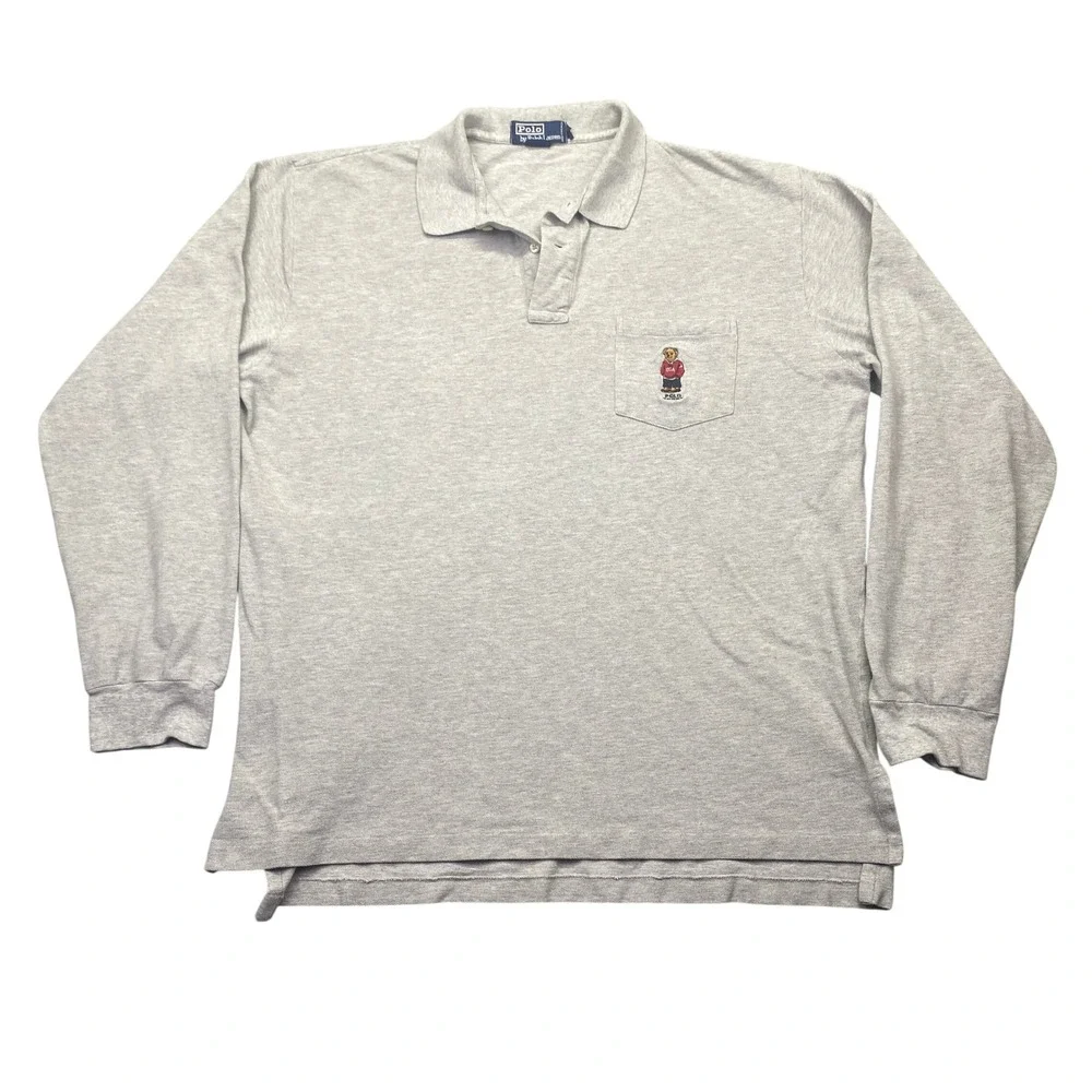 Polo Ralph Lauren Mens XL Heather Grey Long Sleeve Polo‎ Shirt Embroidered Bear